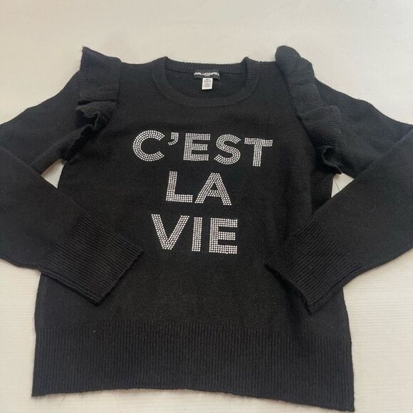 NWT Karl Lagerfeld Black C’est La Vie Rhinestone Sweater Size XS New - Picture 1 of 6